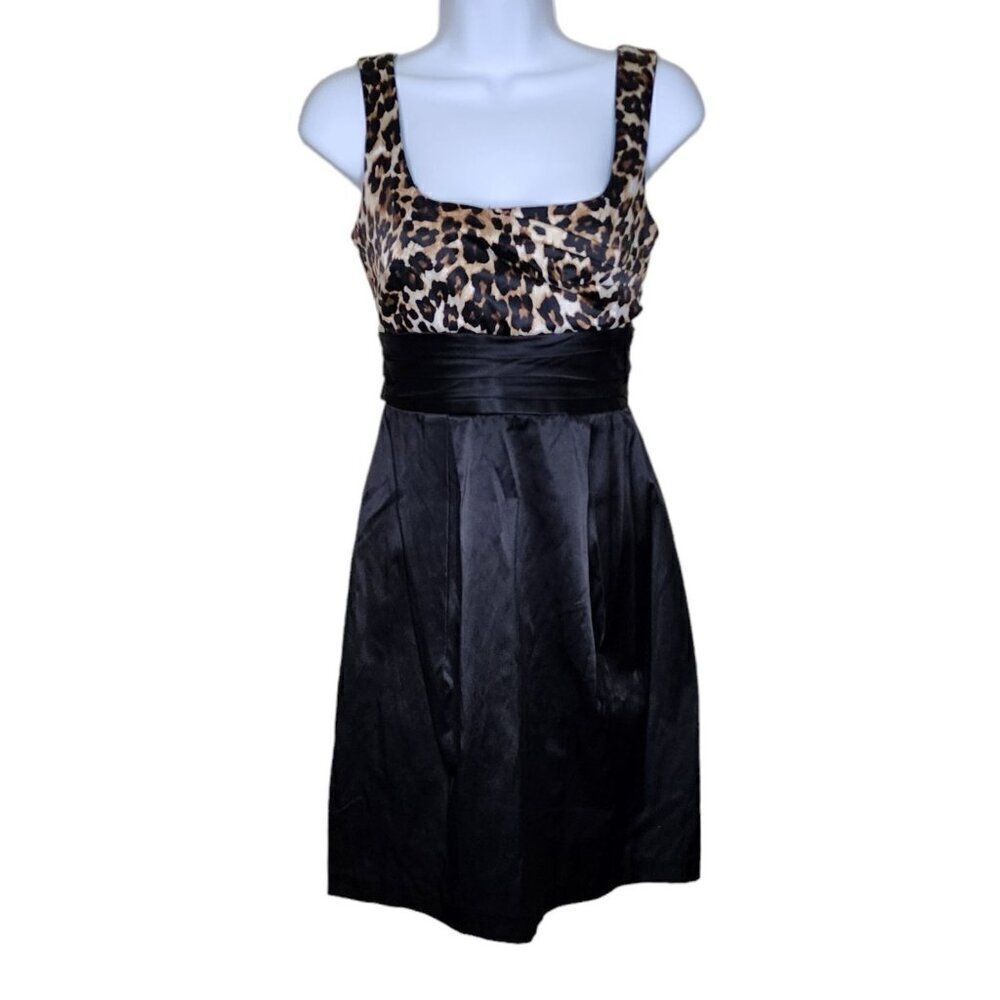 Vintage 90s Y2K Mini Dress Leopard Print Womens Size 3 Black Satin Party Prom